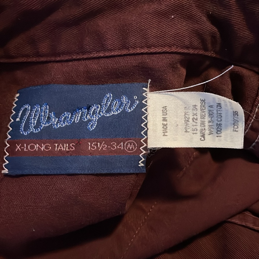 Wrangler Vintage X-Long Tails Long Sleeve Pearl Snaps Burgundy 15 1/2-34 - Picture 4 of 5